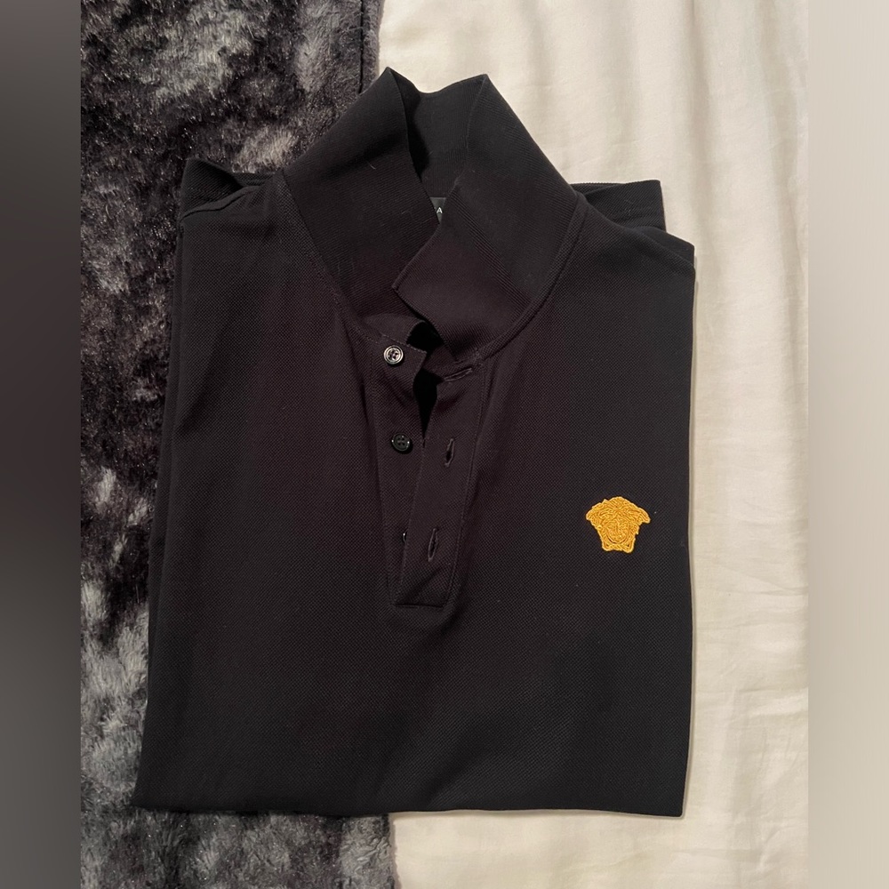 Pristine condition black Versace polo with gold Medusa